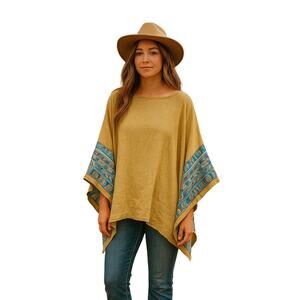 Bohemian Mustard Poncho with embroider Patterned Sleeves one size boho bohemian
